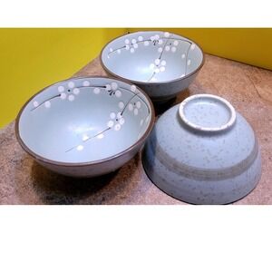 Set of 3 Japanese Style Ceramic Rice Bowls Blue White Cherry Blossom Sakura 4.5"